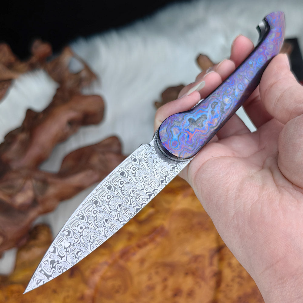 Front Flipper Pocket Knife in Damasteel with Zircuti