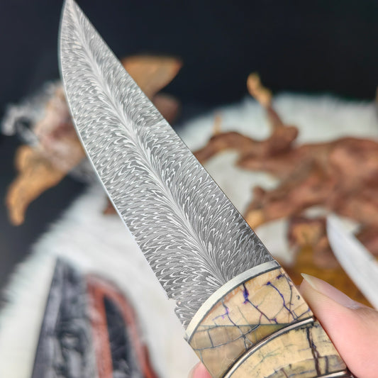 Feather Damascus Fixed Blade Knife with Mammoth Tusks