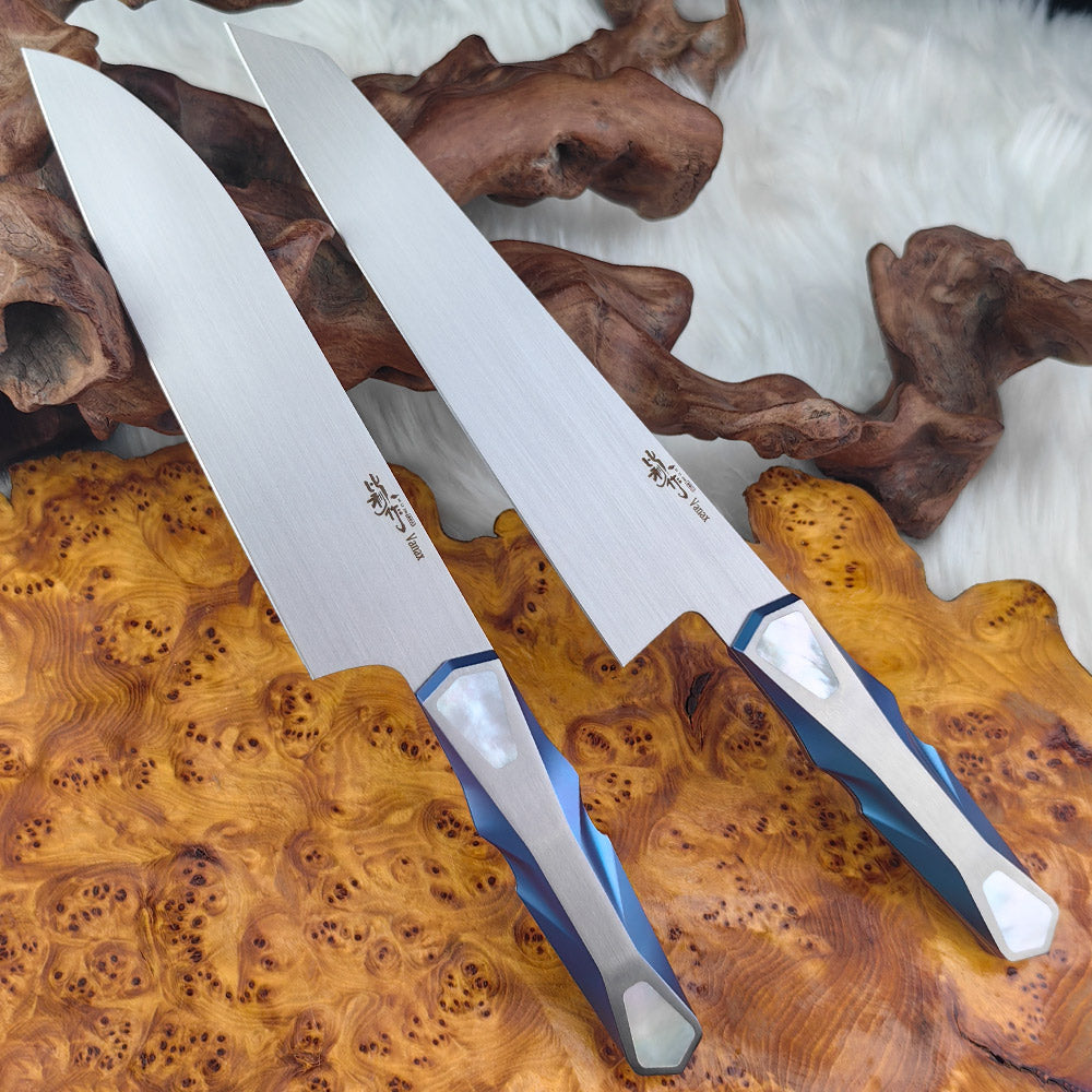 Custom Kitchen Chef Knife in Vanax, Mother-of-pearl Inlaid in Titanium Handle