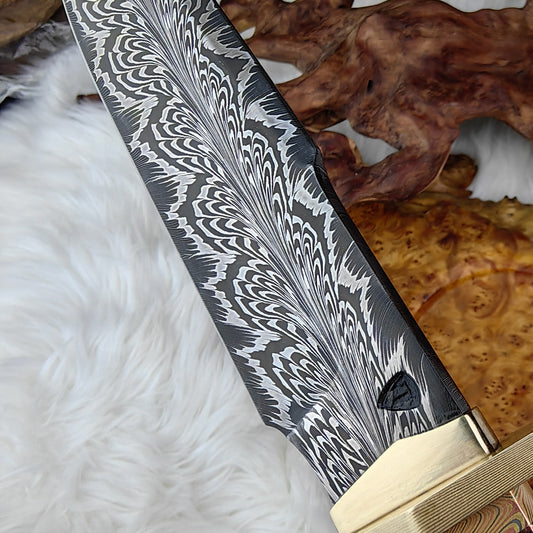 Feather Damascus Fighter Knife, Copper Titanium, Snakewood