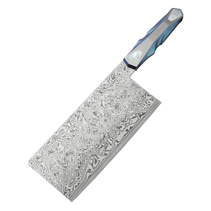 Custom Kitchen Chef Knife in Damasteel, Mother-of-pearl Inlaid in Titanium Handle