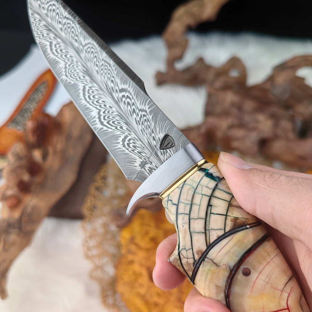 Feather Damascus Hunter with Mammoth Tooth
